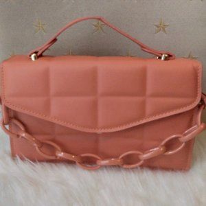 Orange Faux Leather Mini Bag Satchel Shoulder Bag Handbag Purse Chain Accent